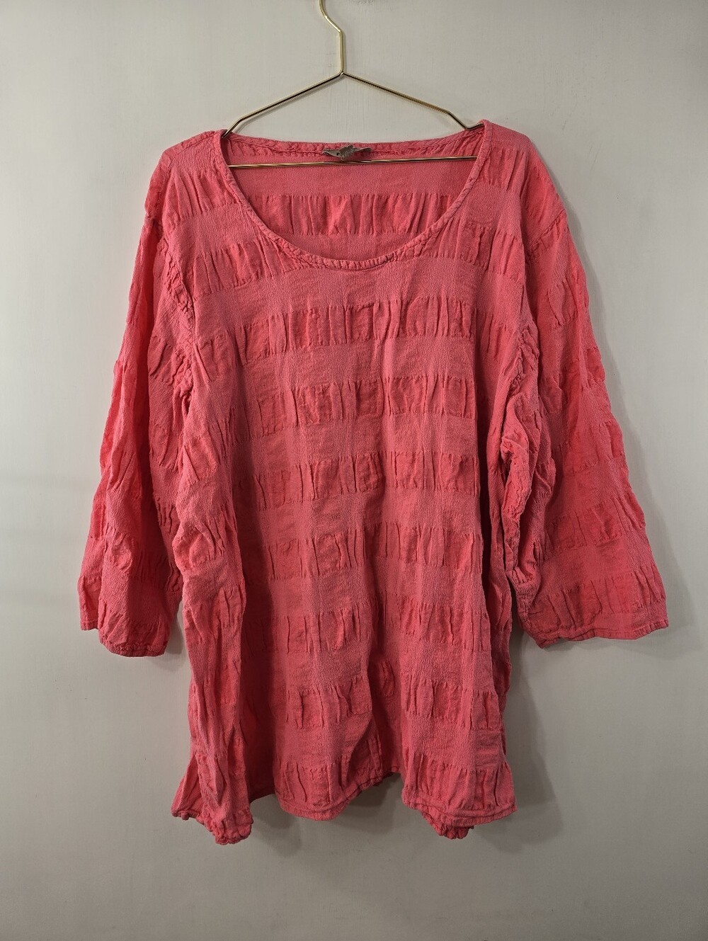 Flax Puckered Tunic Top Coral Salmon Three Quarter Sleeve Scoopneck Plus Size 2X